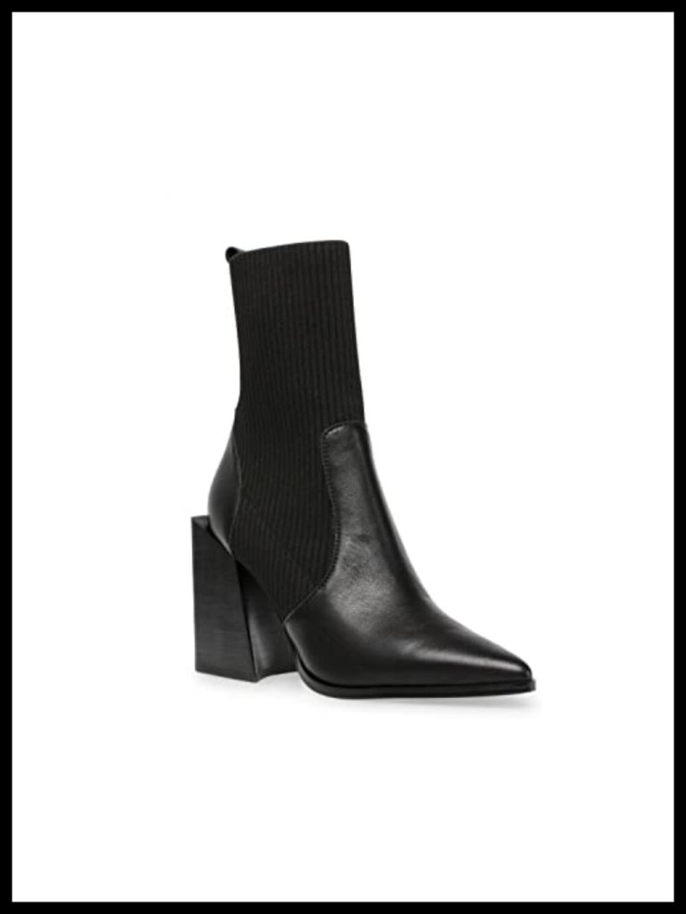 Chunky Stacked Heel Ankle Boots Pointed Toe Slip On Ribbed Knit Sock Booties
